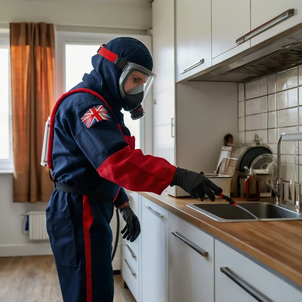 bugs buster exterminator doing pest control in a kitchen in london